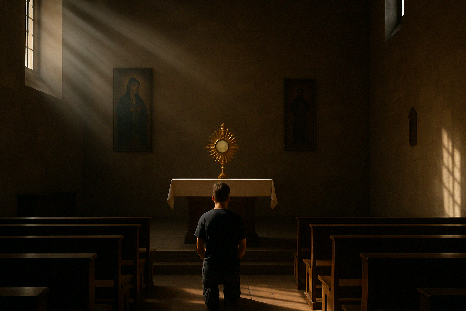 Pessoa rezando em frente a Nossa Senhora de Fátima